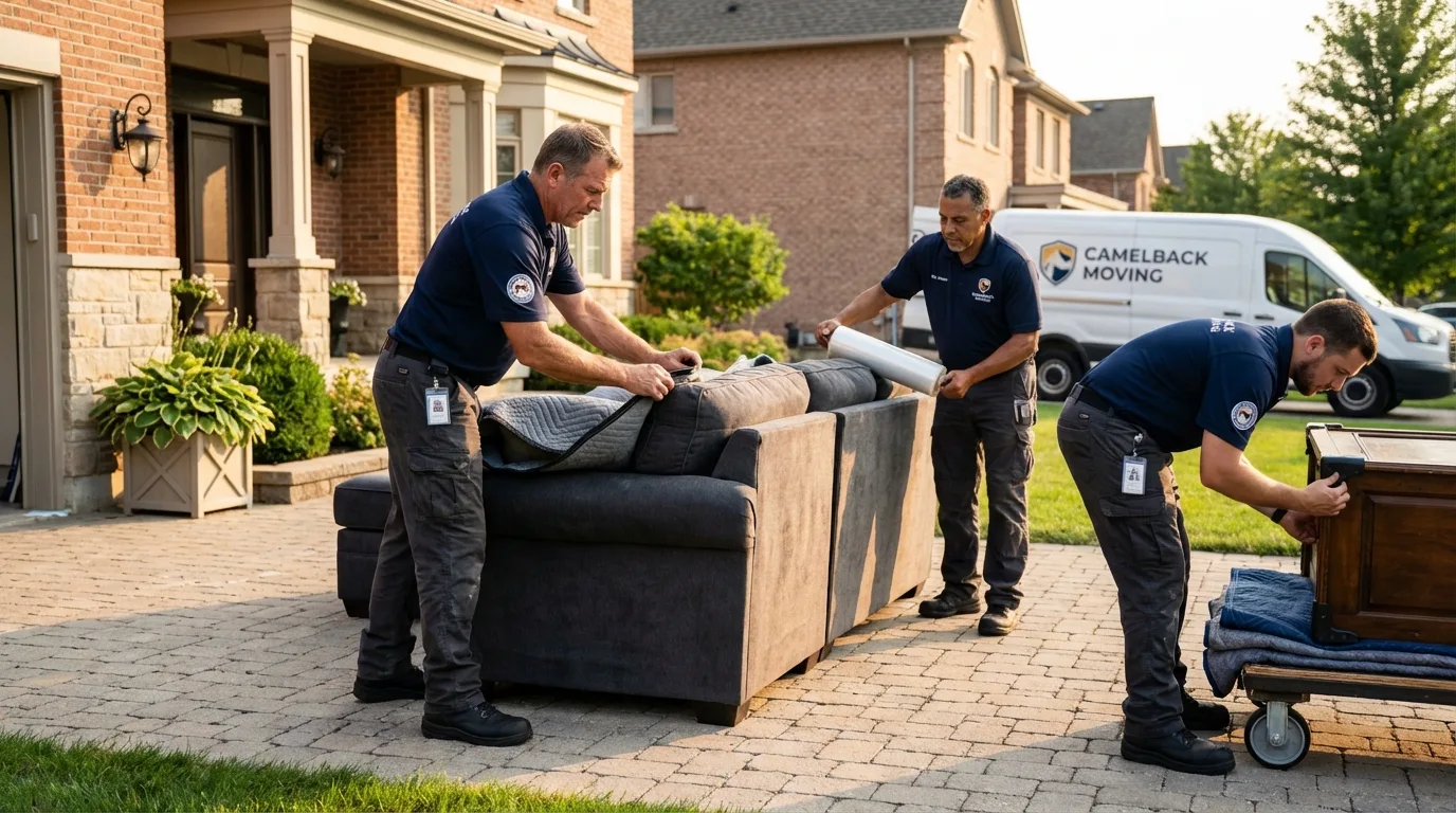 Large estate moving crew wrapping furniture in Islandia, NY