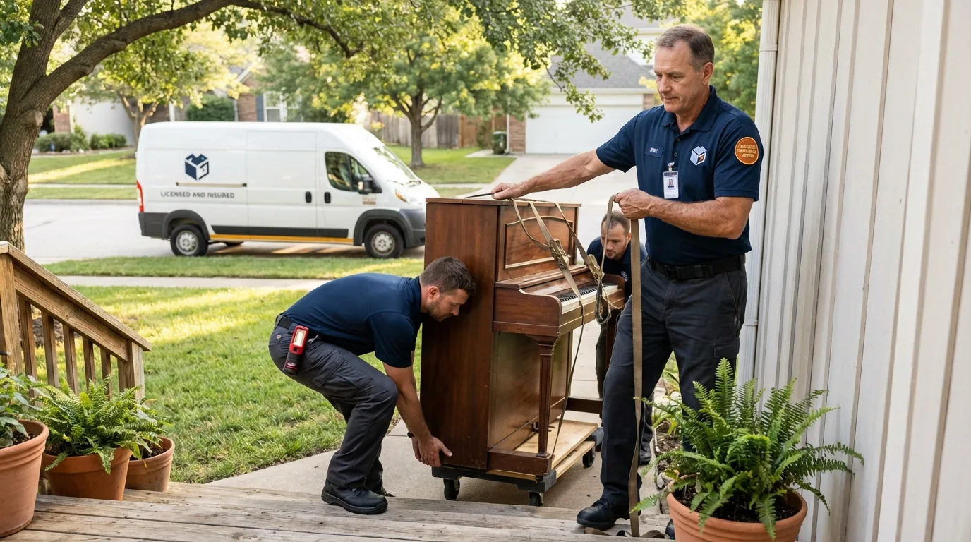 Licensed piano movers securing grand piano in Islandia, NY