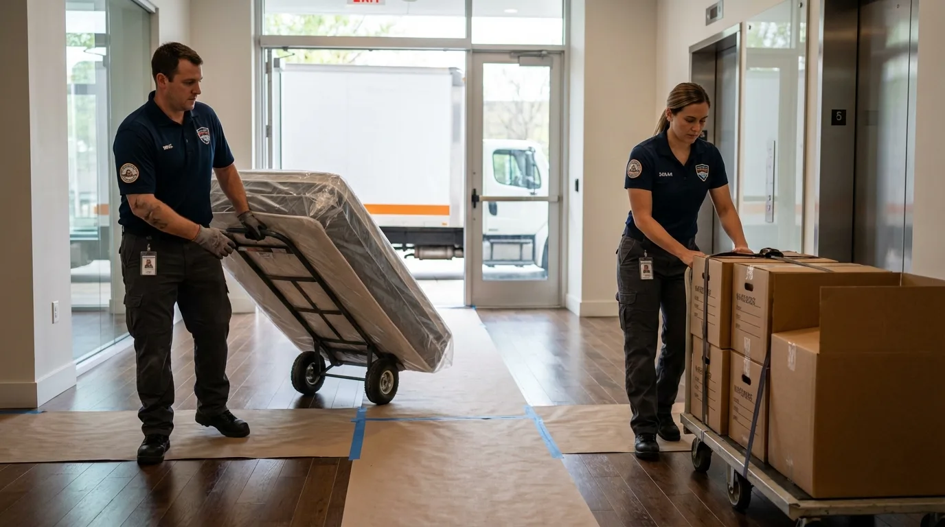 Professional apartment movers loading elevator in Islandia, NY