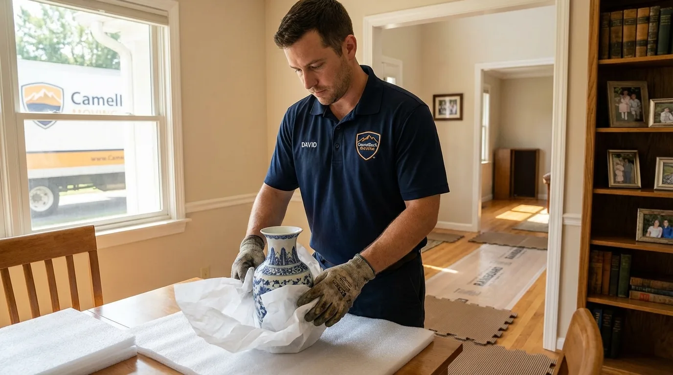Professional crew carefully wrapping antique vase for senior downsizing move in Islandia, NY