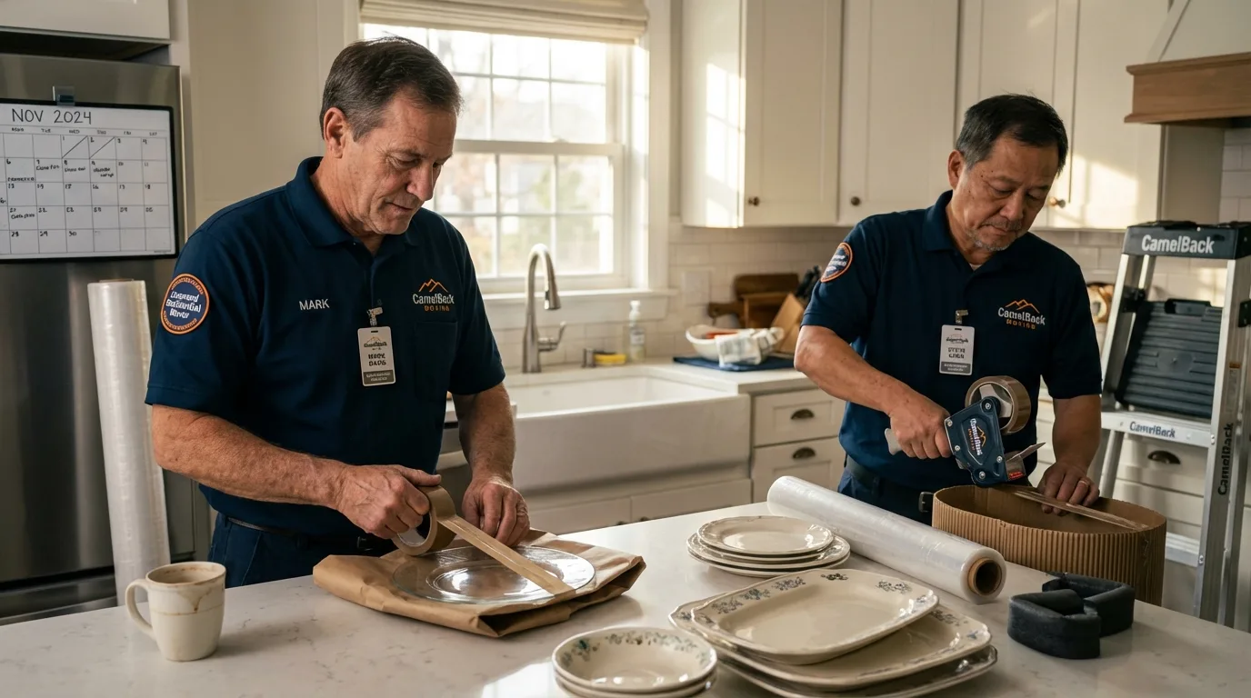 Professional crew packing kitchen dishware in Islandia, NY