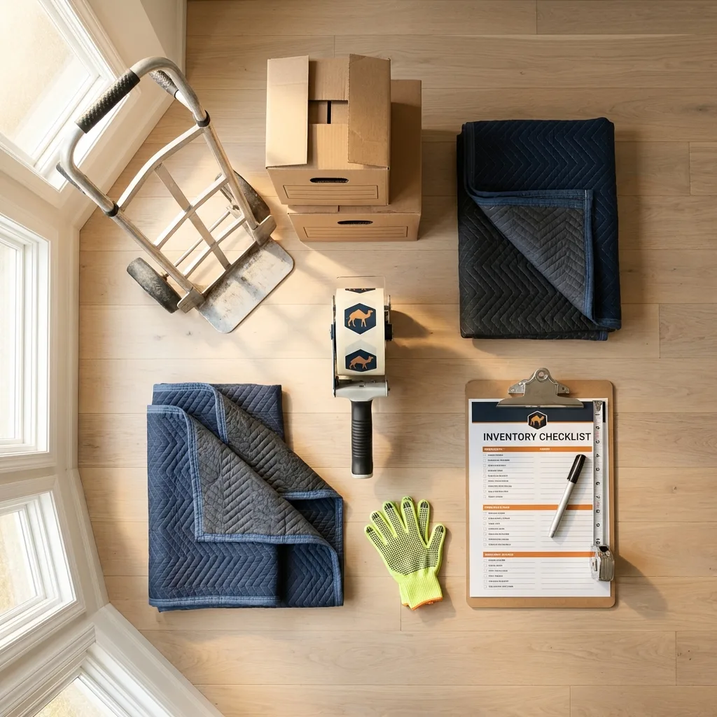 Professional moving supplies and packing materials layout for Islandia residential relocations